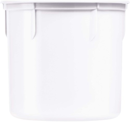 A white, plastic container with a lid, likely used for storage or organizing small items.
