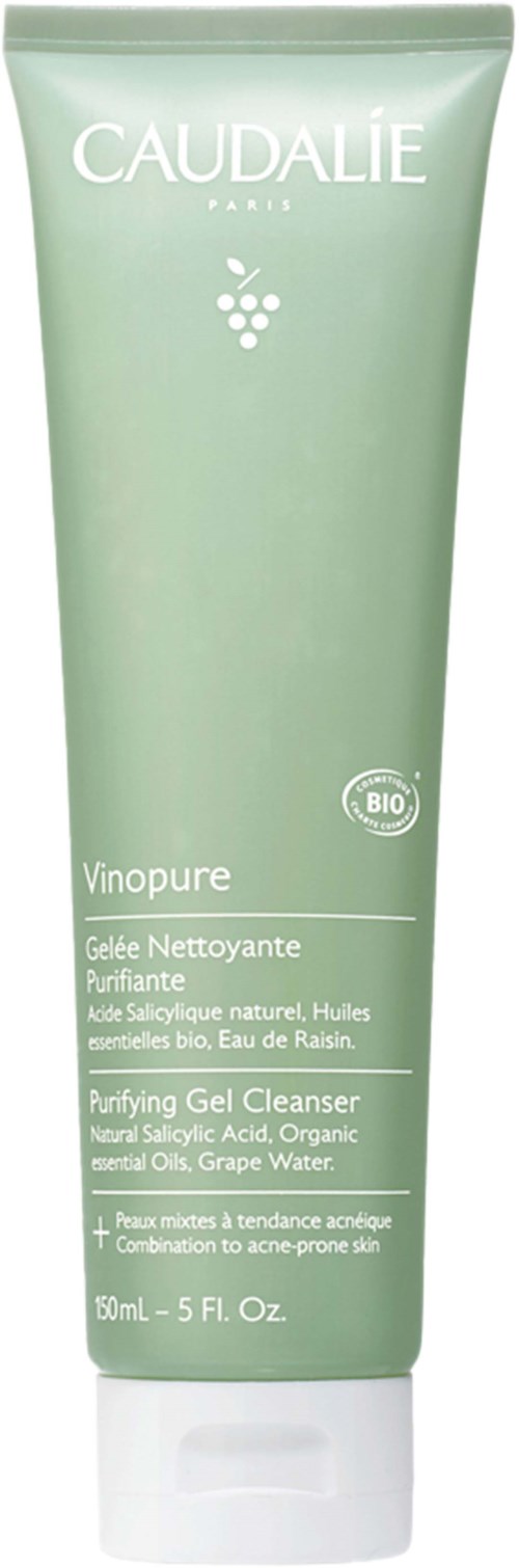 A green tube labeled 'Caudalie Vinopure Purifying Gel Cleanser' with natural ingredients and 50ml volume.