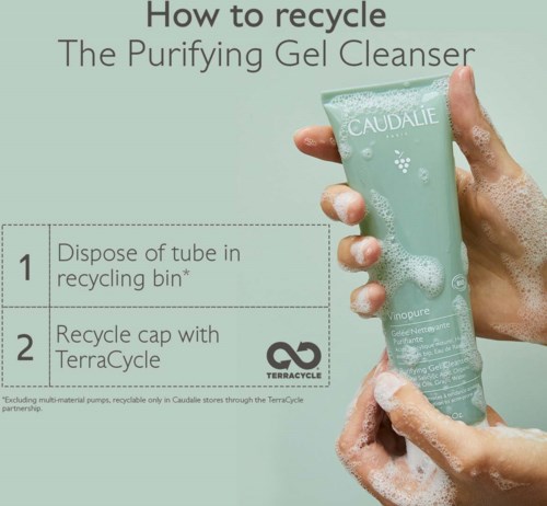 Instructions for recycling a gel cleanser: dispose of the tube, then recycle the cap with TerraCycle.