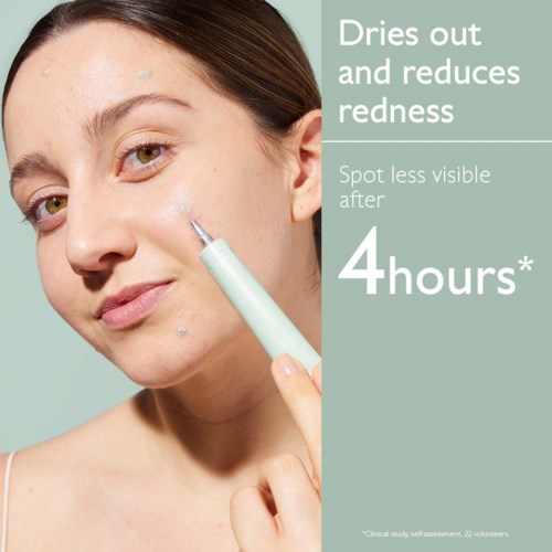 A woman applies skincare to her face to reduce redness. Text explains it dries out in 4 hours, reducing visible spots.