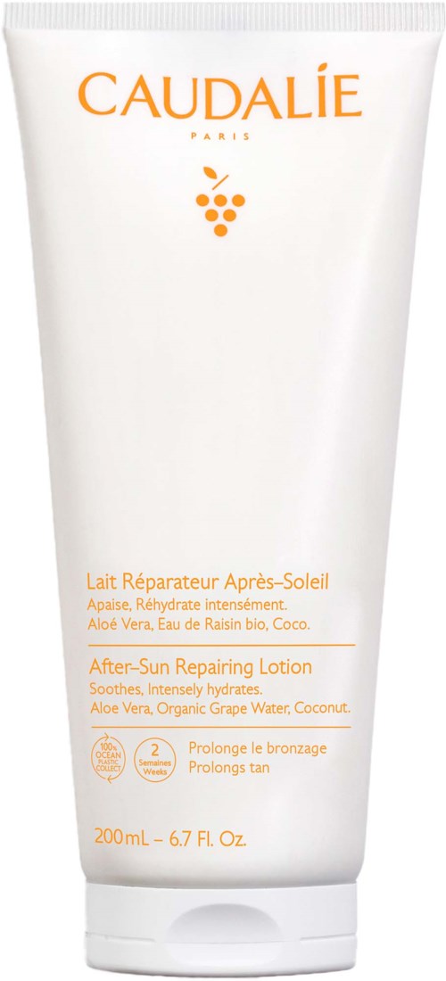 Mostly white tube with orange text, designed for after-sun skincare with aloe vera and coconut.