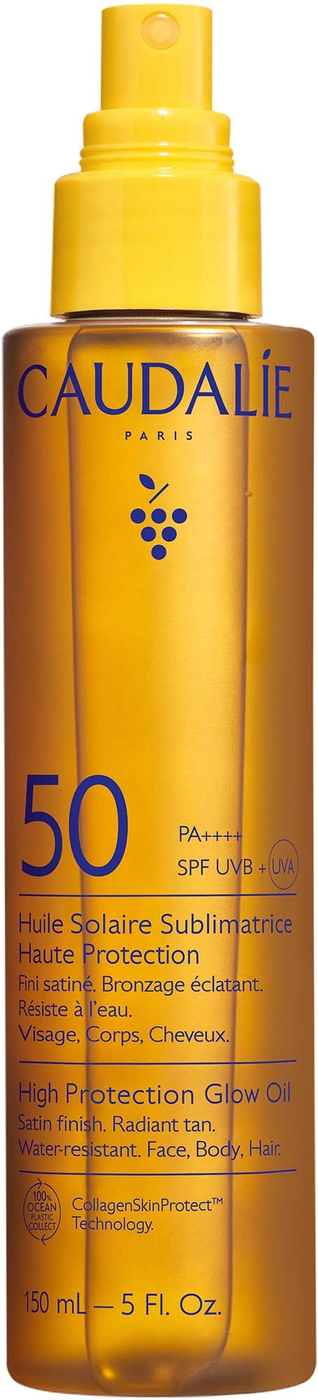 Keltainen sprayspraypullo Caudalie-huulolle SPF 50 ja korkean suojan hehkuöljy kasvoille ja vartalolle.