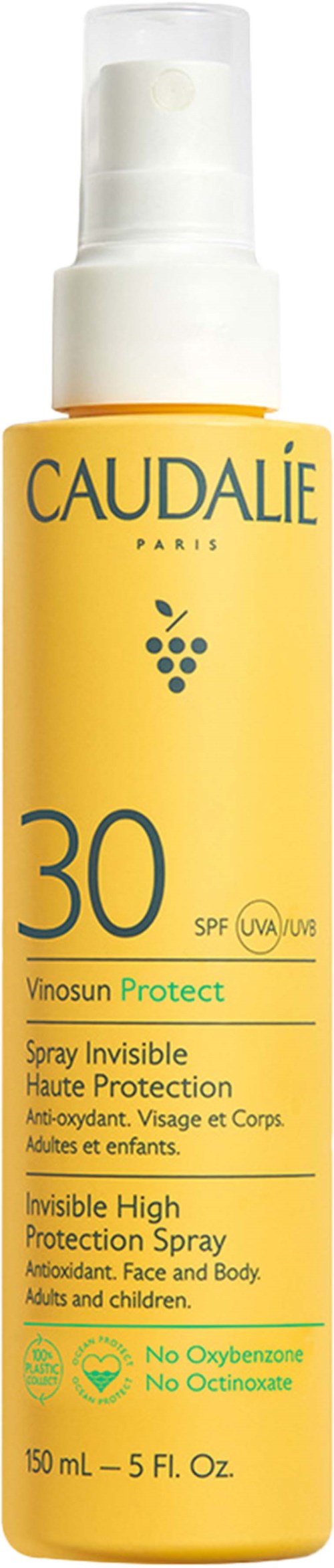Keltainen Caudalie aurinkosuojasuihkeen pullo, SPF 30, merkitty kasvoille ja keholle, sopii aikuisille ja lapsille.