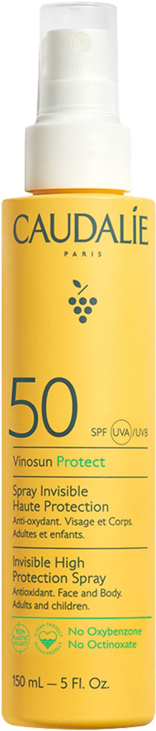 Keltainen pullo Caudalie Vinosun Protect -mutesuojausruisketta, SPF 50, kasvoille ja keholle, aikuisille ja lapsille.