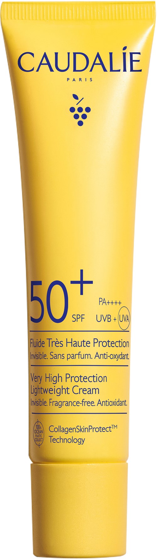 En gul tub med solskyddsmedel med SPF 50+ från Caudalie. Det ger mycket högt skydd, är lätt och utan doft.