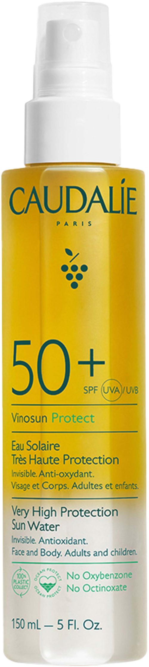 Keltainen aurinkosuojasuihku Pullo, Caudalie, SPF 50+, erittäin korkea suoja, kasvoille ja vartalolle, UVA/UVB-suoja.