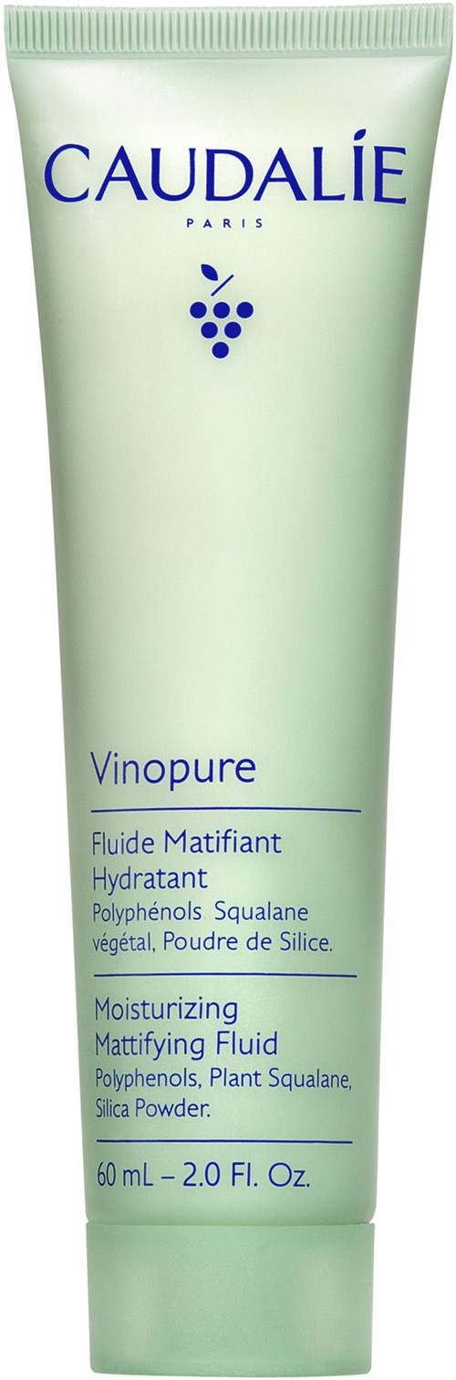 Caudalie Vinopure fuktmasker i en grön tub med blå text och ett druvlogo.