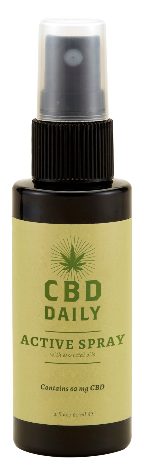 Kleine Sprühflasche mit CBD Daily Active Spray, gelbes Etikett und Spraykopf.