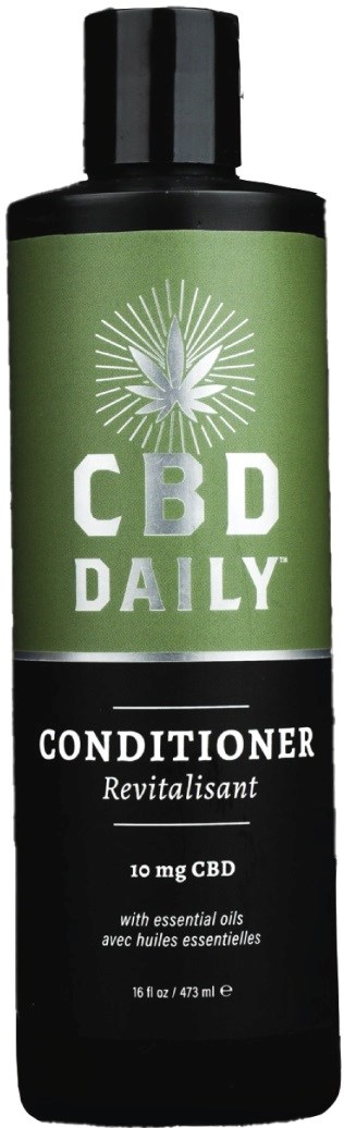 Grüne und schwarze Flasche mit CBD Daily Conditioner, enthält 10 mg CBD und ätherische Öle.