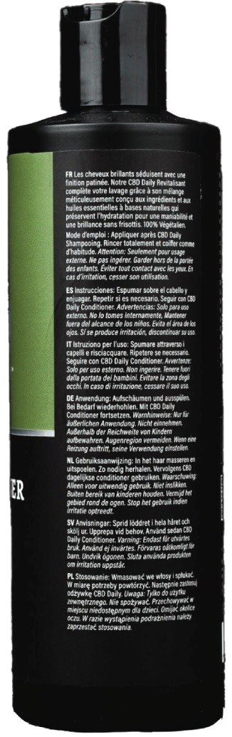 Schwarze Flasche mit grünem Etikett und vielen Anweisungen in kleinem weißen Text.