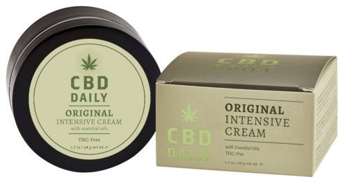 Ein Glas und eine Schachtel von CBD Daily Original Intensive Cream, als THC-frei gekennzeichnet und mit ätherischen Ölen.