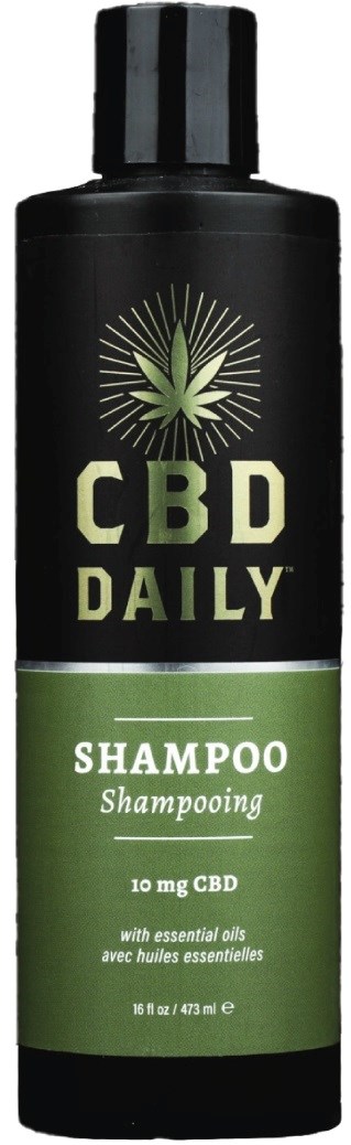 Schwarze Flasche mit grüner und gelber Beschriftung, sagt CBD Daily Shampoo, enthält 10 mg CBD, mit Hanfblatt-Icon.