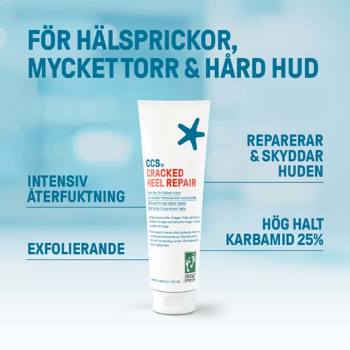 En tub med krackad hälsareparationskräm med svensk text om hudfördelar och skydd.