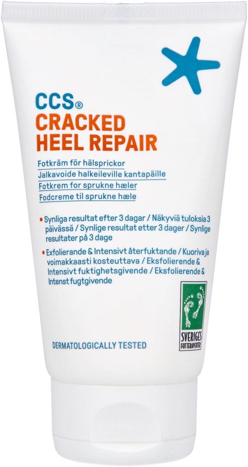 Eine weiße Tube mit der Aufschrift 'CCS Cracked Heel Repair' in Blau und Orange, mit einem kleinen grünen Logo.