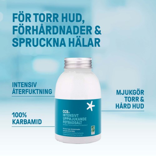 En textbaserad annons för en fotbalsam, som betonar effekter för torr, envis, sprucken hud och viktiga ingredienser.
