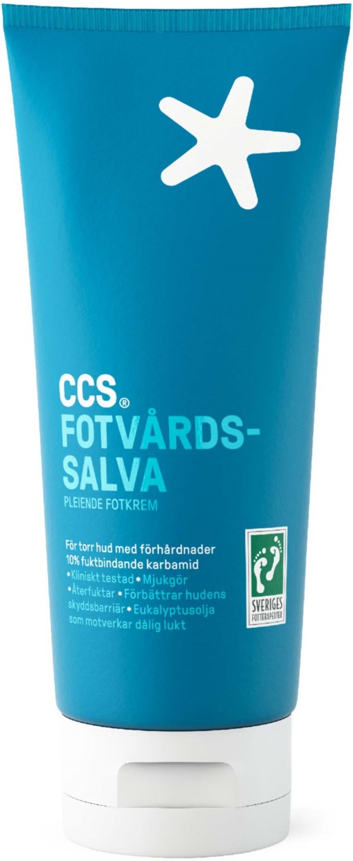 En blå tub märkt CCS fotvårdssalva med vit text, en vit stjärnliknande symbol och ett vitt lock.