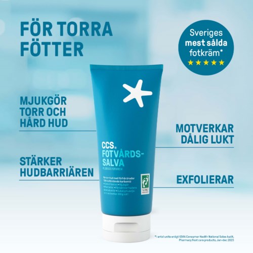 Ett blått fotkrämrör med svenska text som lyfter fram fördelar som mjukhet, hudbarriärstyrka, motverkar dålig lukt och exfoliering.