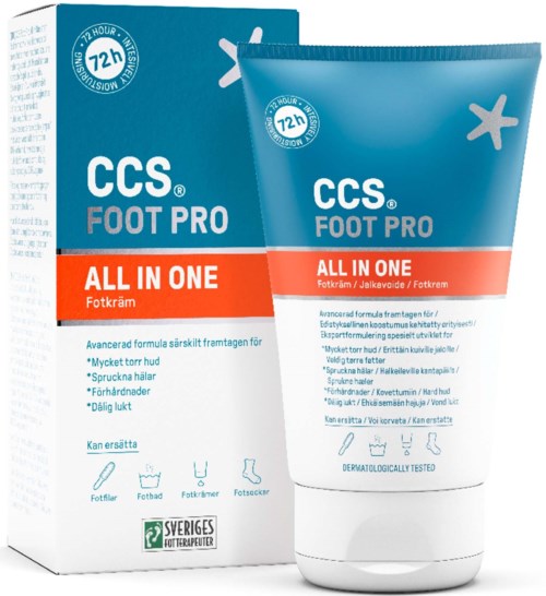 Bild av en blå tub med CCS Foot Pro All In One kräm, med produktfördelar och symboler för fot, häl och strumpa.