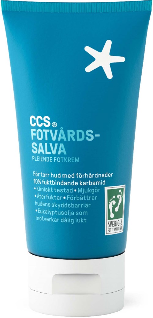 Blå tub med fotkräm med vitt text och logo, för torr och sprucken hud på fötterna.
