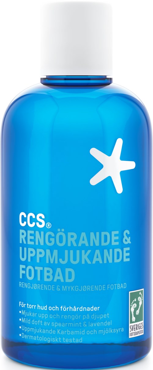 Blå flaska med rengörande och mjukgörande fotbad med vit stjärnsymbol.