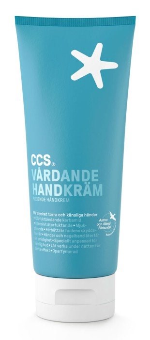 Blauer Handcremetube mit Sternsymbol, gekennzeichnet als CCS Vårdande Handkräm, für pflegende Hände.