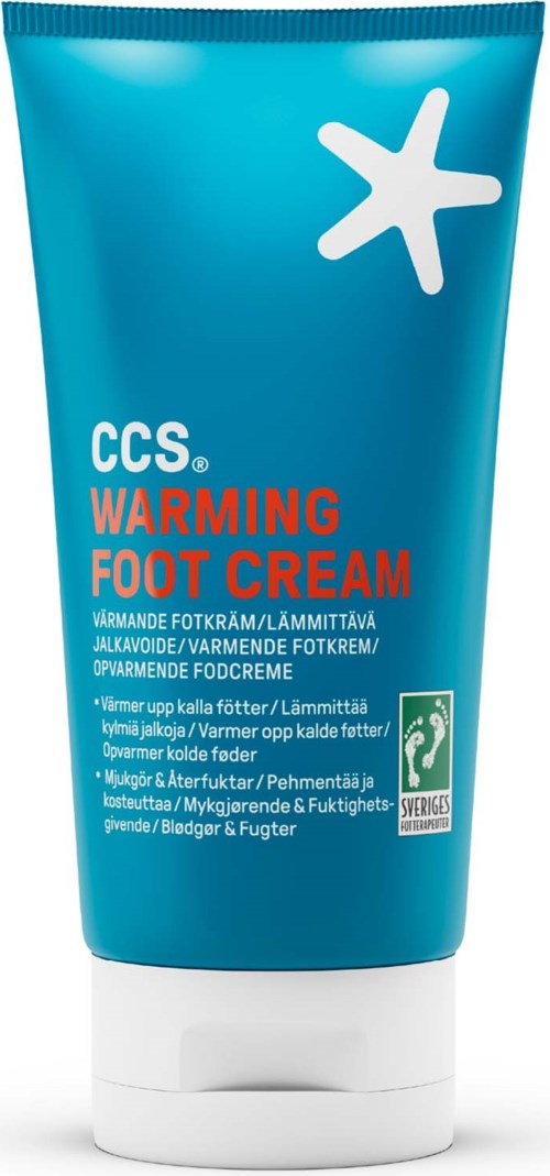 Blaue Tube mit CCS-Wärme-Fußcreme, weißen Sternlogo und rotem Text.