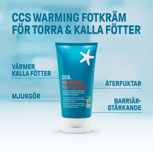 Eine Tube CCS-Wärme-Fußcreme für trockene und kalte Füße, mit Vorteilen wie Wärme, Feuchtigkeit und Barrierestärkung.