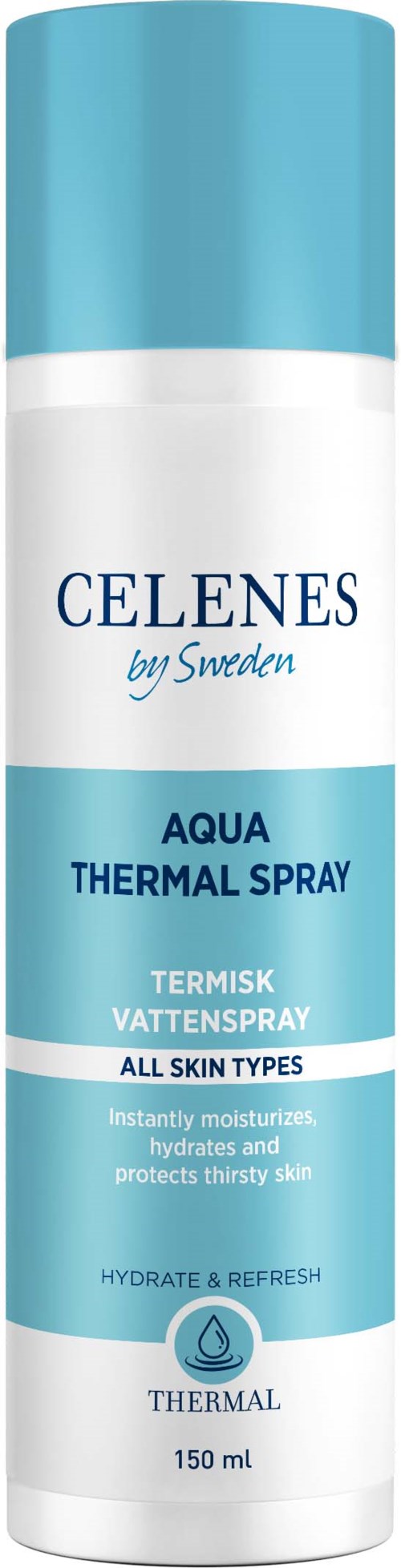 Eine Spraydose mit CELENES Aqua Thermal Spray für alle Hauttypen, 150 ml, zur Feuchtigkeit und zum Schutz der Haut.