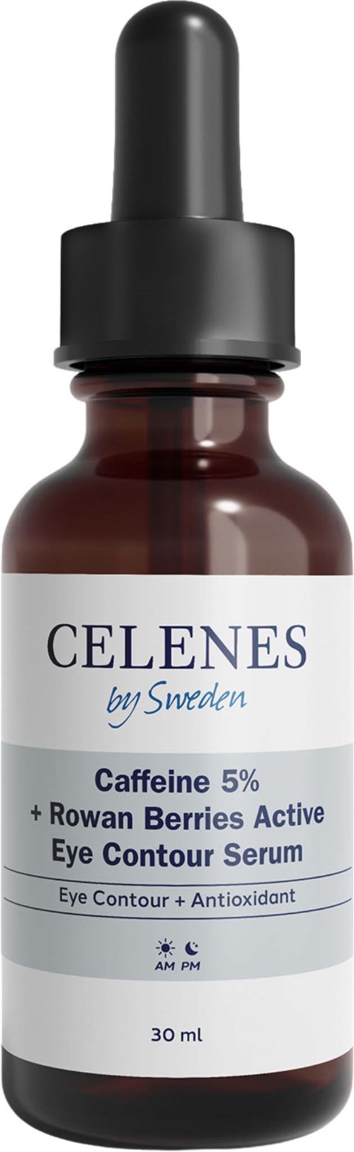 Kleine dunkle Flasche mit Pipette, gekennzeichnet als Augenserum mit Koffein und Beeren, 30 ml.