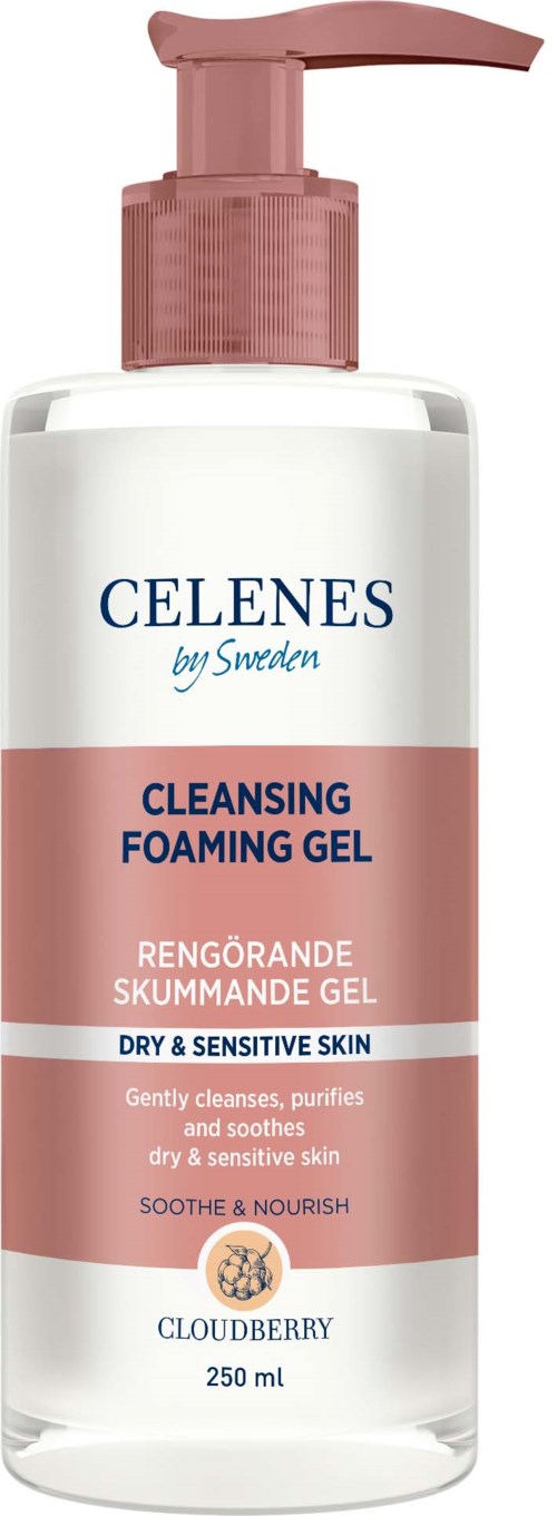 Eine weiße Flasche mit pinkem Pumpkopf, beschriftet 'Celenes by Sweden' und 'Cleansing Foaming Gel' für empfindliche Haut.