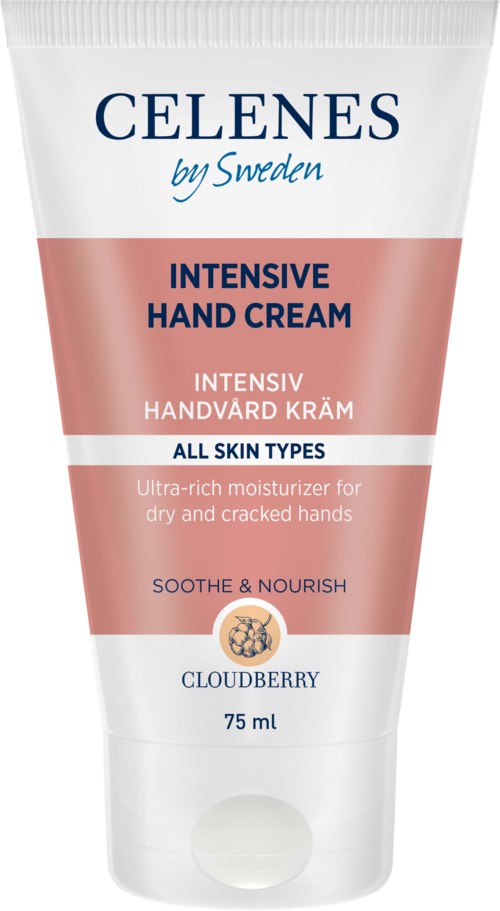 Eine Tube Handcreme mit der Aufschrift 'Celenes by Sweden', für alle Hauttypen, um trockene Hände zu befeuchten und zu nähren.