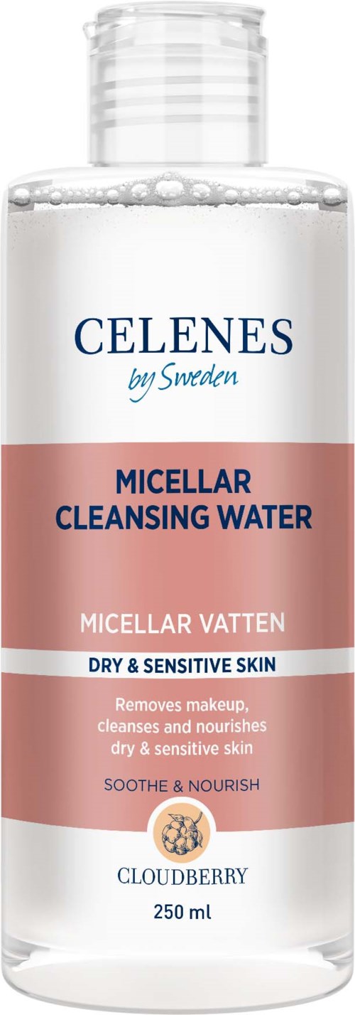 Eine klare Plastikflasche mit weißem und rosafarbenem Etikett, zeigt, dass es sich um Mizellen-Reinigungswasser für empfindliche Haut handelt, enthält 250 ml.