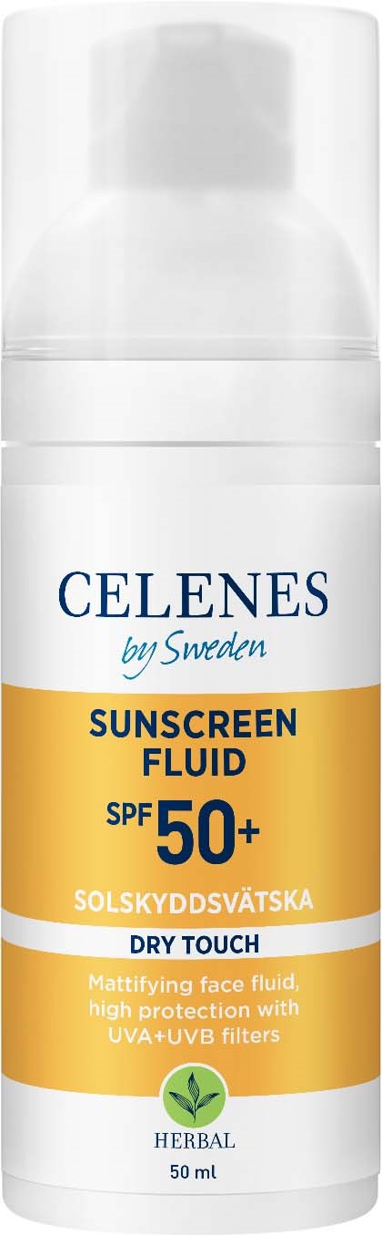 Eine weiße Flasche mit blauer und gelber Etikette, zeigt Sonnencreme mit SPF 50+ für trockene Haut, Kräuter, 50 ml.