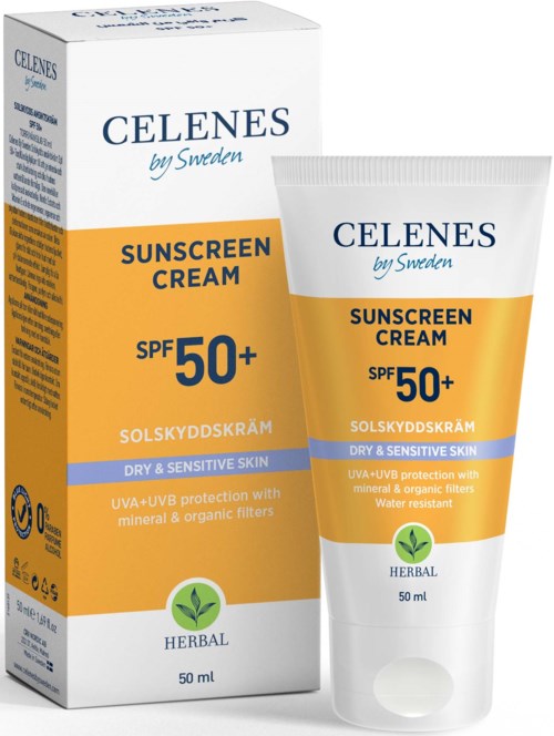 Sonnencreme mit SPF 50+ für trockene, empfindliche Haut, mit Kräuterinhaltsstoffen und UV-Schutz.