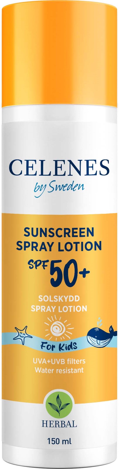 En gul och vit solskyddssprayflaska för barn med SPF 50+, med bilder av en sjöstjärna och val.