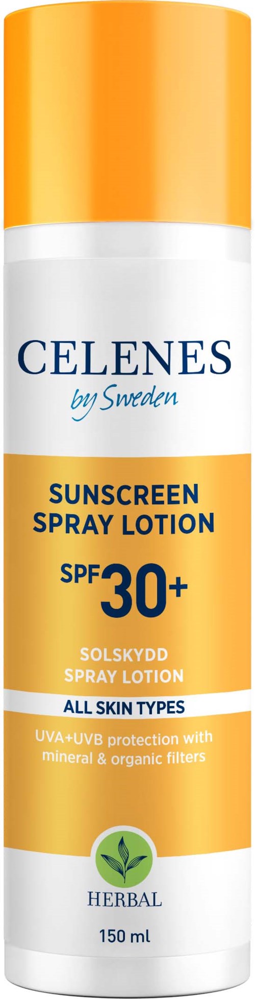 Eine Sonnencreme-Sprühflasche mit SPF 30+ und pflanzlichen Inhaltsstoffen, für alle Hauttypen, aus Schweden.