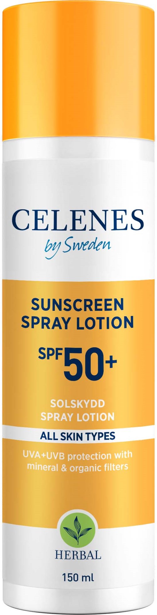 Eine gelbe und weiße Sonnencreme-Flasche mit SPF 50+ für alle Hauttypen, als herbal gekennzeichnet, 150 ml.