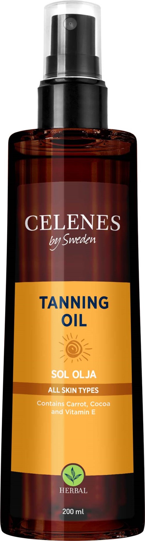 Ruskea pullo, jossa lukee Tanning Oil, sumutettava, sisältää yrttisen ihonhoitotuotteen.