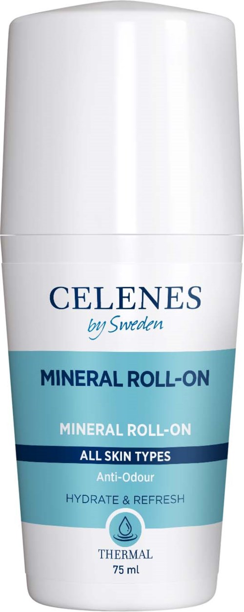 Eine weiße Flasche mit Mineral-Roll-on-Deodorant mit blauen Etiketten. Von CELENES aus Schweden, geeignet für alle Hauttypen.