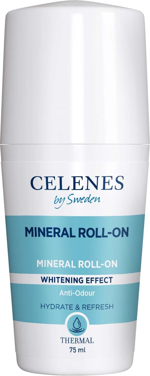 Ein weißer Roll-On-Behälter mit blauer Aufschrift, bezeichnet 'Celenes Mineral Roll-On' und bietet Aufhellung und Hydratation.