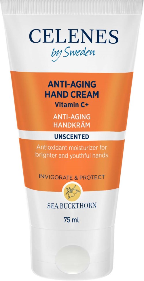 Eine Tube Celenes Handcreme mit orange-weißer Verpackung, enthält Vitamin C gegen Alterung.