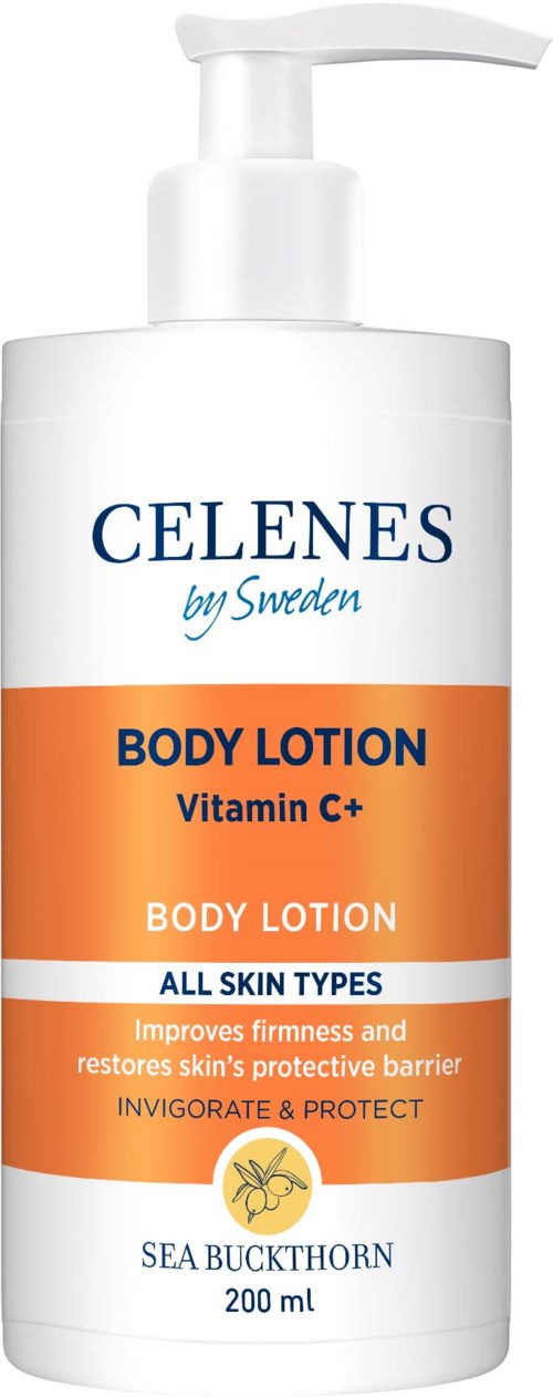 Eine weiße Flasche mit Pumpaufsatz enthält Celens Body Lotion mit Vitamin C+ für alle Hauttypen, 200 ml, Sanddorn.