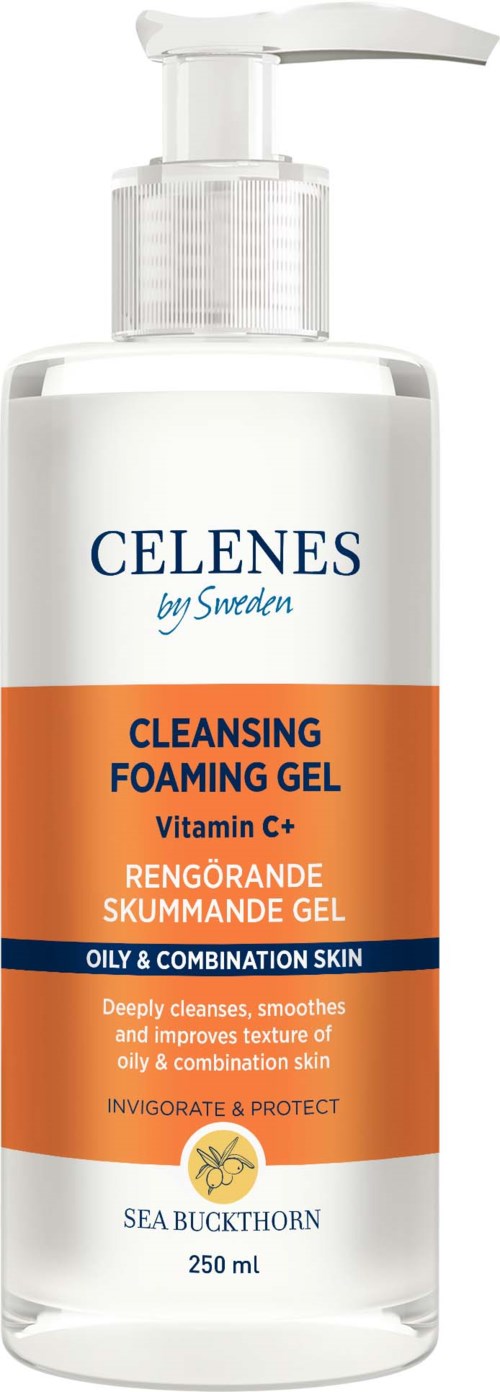 Eine weiße Flasche mit Pumpkopf, beschriftet in Blau und Orange, enthält reinigendes schäumendes Gel für fettige Haut mit Vitamin C.