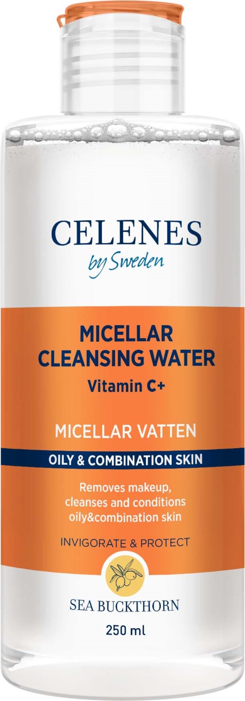 Eine klare Flasche mit Reinigungswasser für fettige und Mischhaut, mit Vitamin C+, von Celenes aus Schweden, 250 ml.