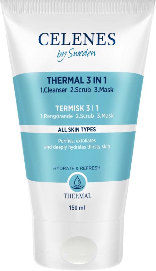 Eine weiße Tube mit Hautpflegeprodukt, gekennzeichnet 'CELENES by Sweden', für alle Hauttypen, mit drei Anwendungen: reinigen, peelen, maske.