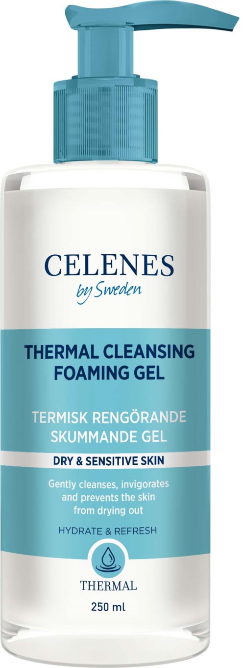 Eine weiße Flasche mit blauer Pumpe enthält eine thermische reinigende schäumende Gel für trockene, empfindliche Haut. Das Etikett beschreibt ihre feuchtigkeitsspendenden und erfrischenden Eigenschaften.