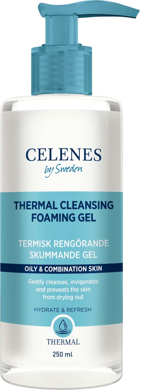 Eine weiße Flasche mit blauer und dunkelblauer Beschriftung für thermisches Reinigungs-Schaumgel, für fettige Haut, 250 ml. Mit Pumpe.