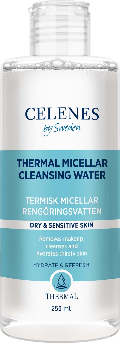 Eine klare Flasche mit Reinigungwasser für empfindliche Haut, mit blauer und weißer Etikette, 250 ml Größe.