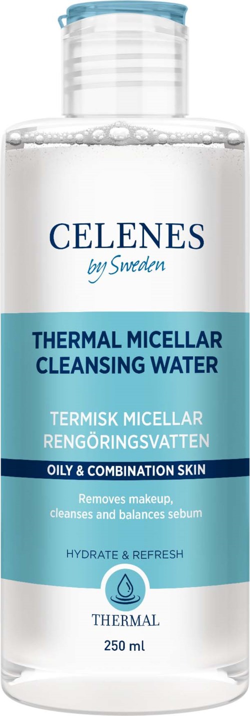 Eine klare Flasche mit weißem und blauem Etikett, enthält thermisches Mikellen-Reinigungswasser für fettige und Mischhaut.