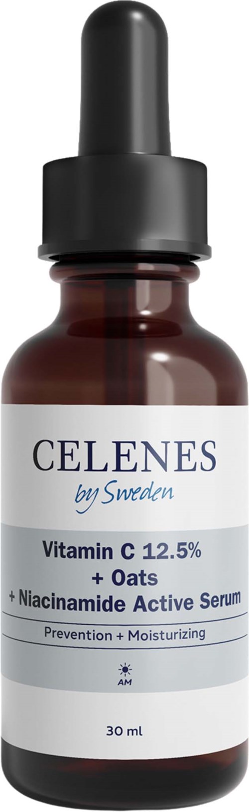 Serum in brauner Flasche mit Tropfer, gekennzeichnet als Vitamin C mit Hafer und Niacinamid, für Prävention und Feuchtigkeit.